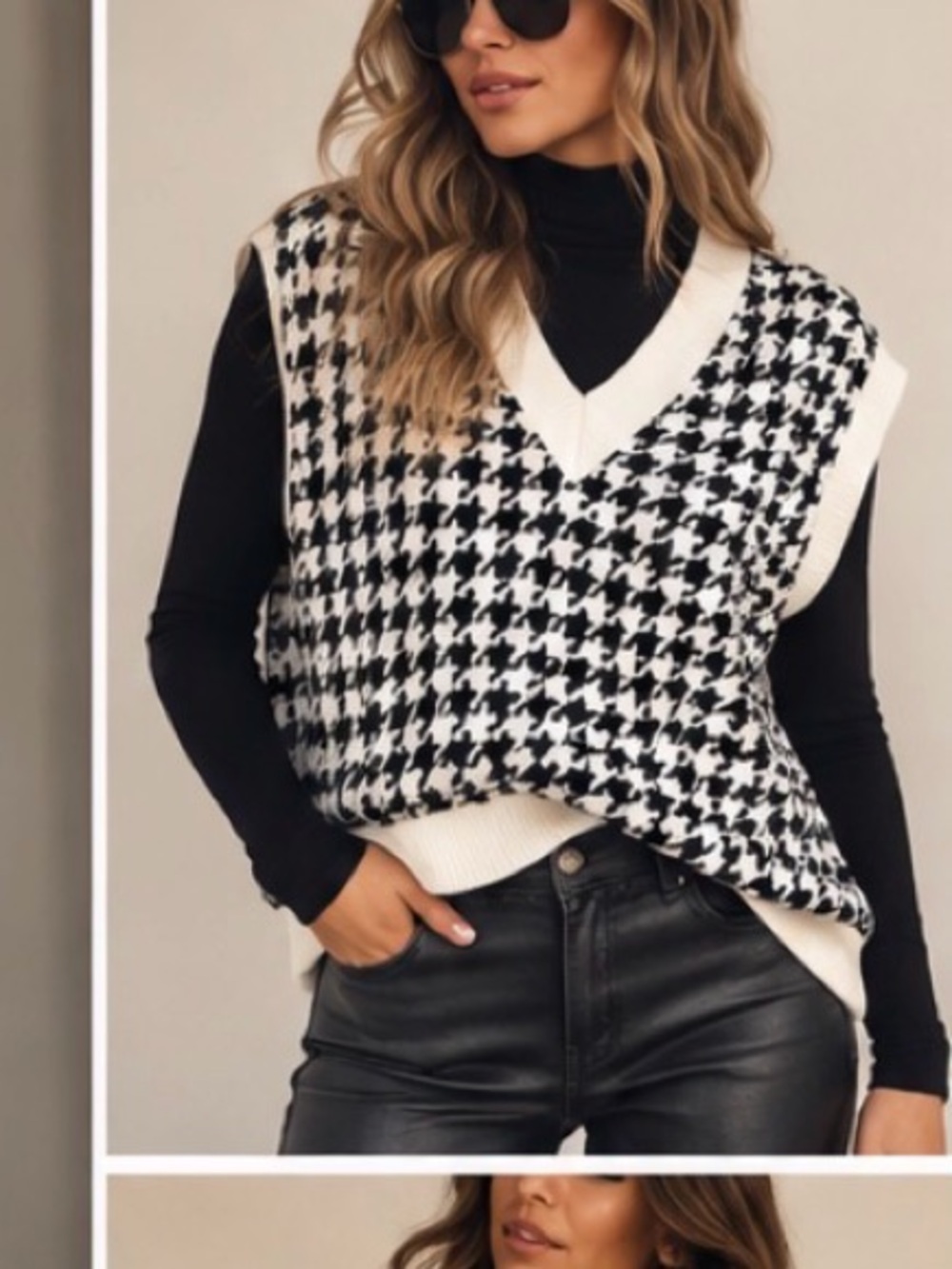 Nasty Gal Black & Cream Houndstooth V-Neck Sweater Vest